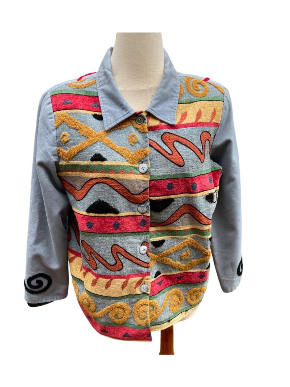 Button-Up Jacket Colorful Embroidered Long Sleeves Indigo Moon Womens Medium